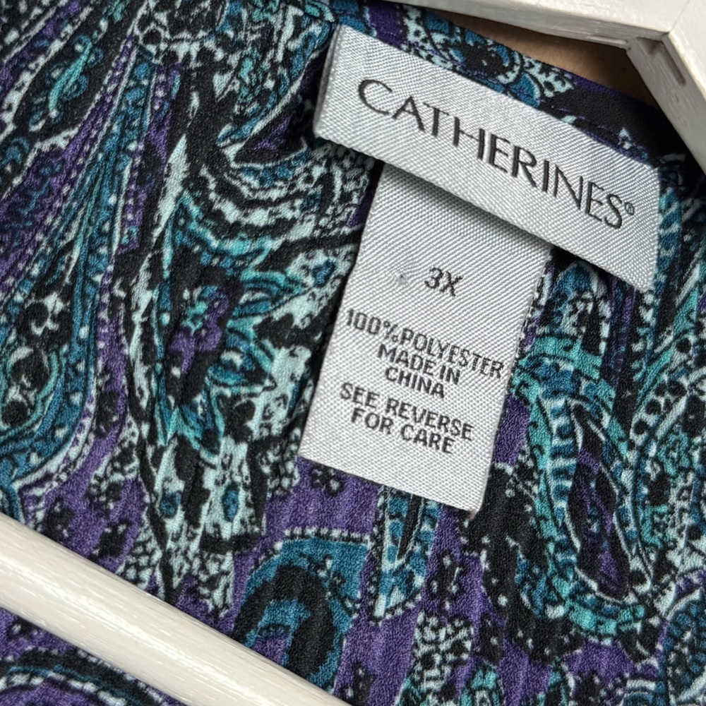Catherines Paisley V-Neck Tunic Bejeweled Pleated Blouse 3X Bell Sleeve - Picture 8 of 9